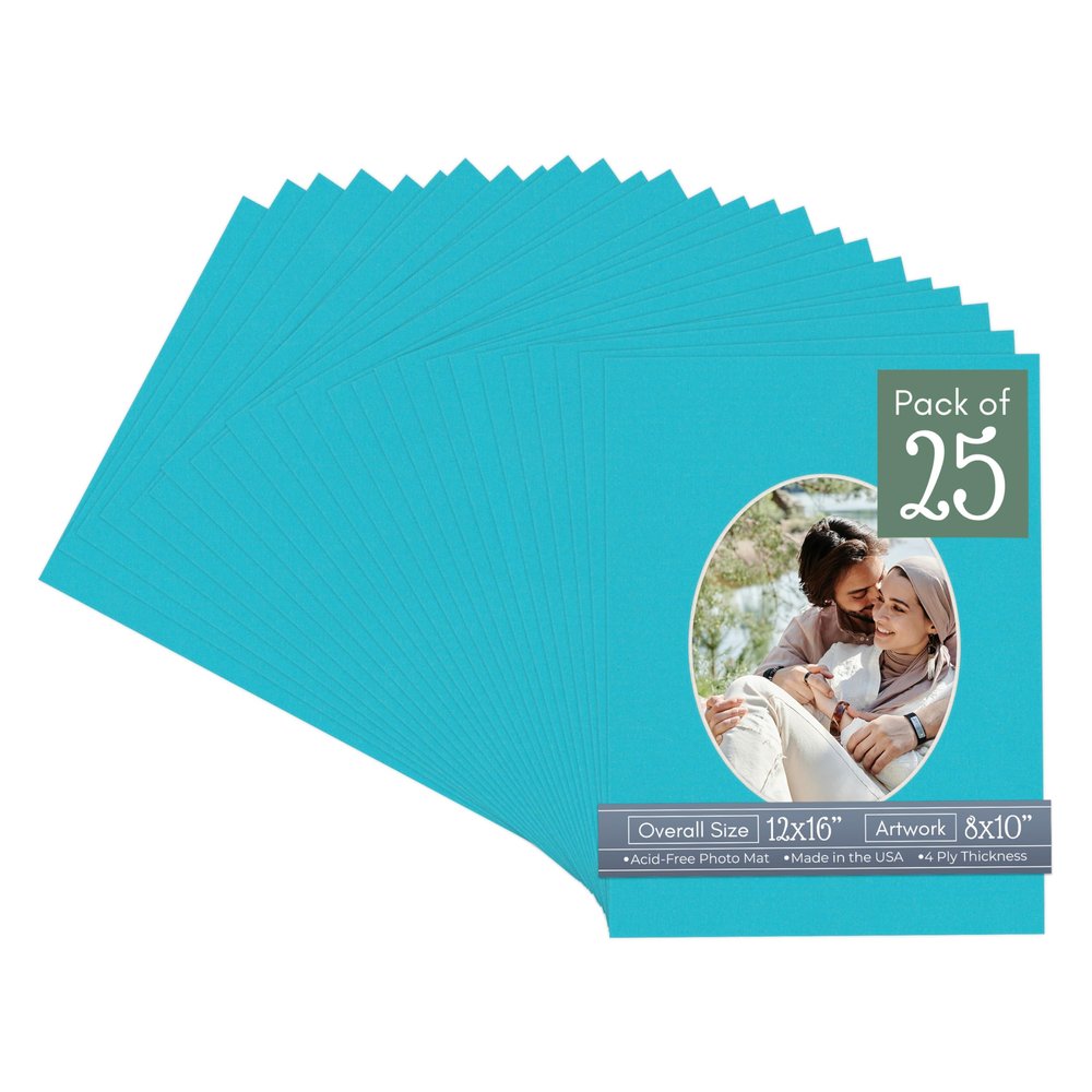 Aquamarine Blue Acid Free 12x16 Oval Picture Frame Mat with White Core Bevel Cut for 8x10 Pictures - Fits 12x16 Frame - Pack of 25 Matboard Show Kits With Acid Free Backings & Clear Bags