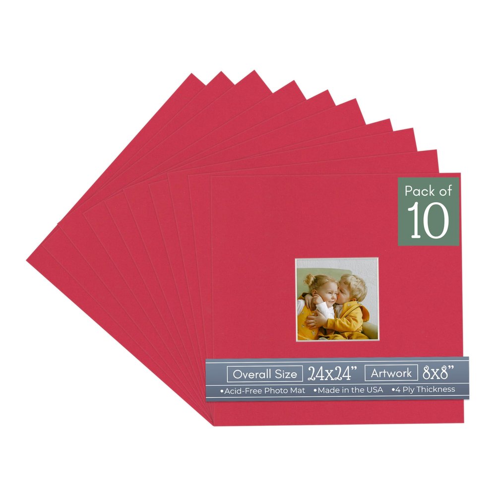 CountryArtHouse Deep Red Acid Free 24x24 Square Picture Frame Mat with White Core Bevel Cut for 8x8 Pictures - Fits 24x24 Frame - Pack of 10 Matboard Show Kits with Acid Free Backings & Clear Bags