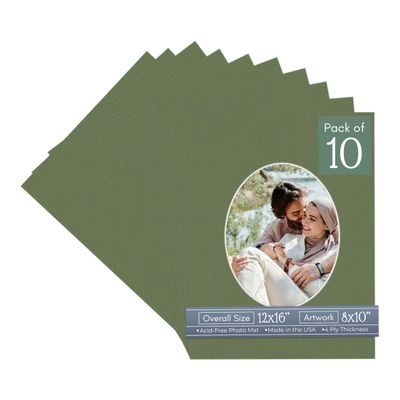 CountryArtHouse Dill Green Acid Free 12x16 Oval Picture Frame Mat with White Core Bevel Cut for 8x10 Pictures - Fits 12x16 Frame - Pack of 10 Matboards