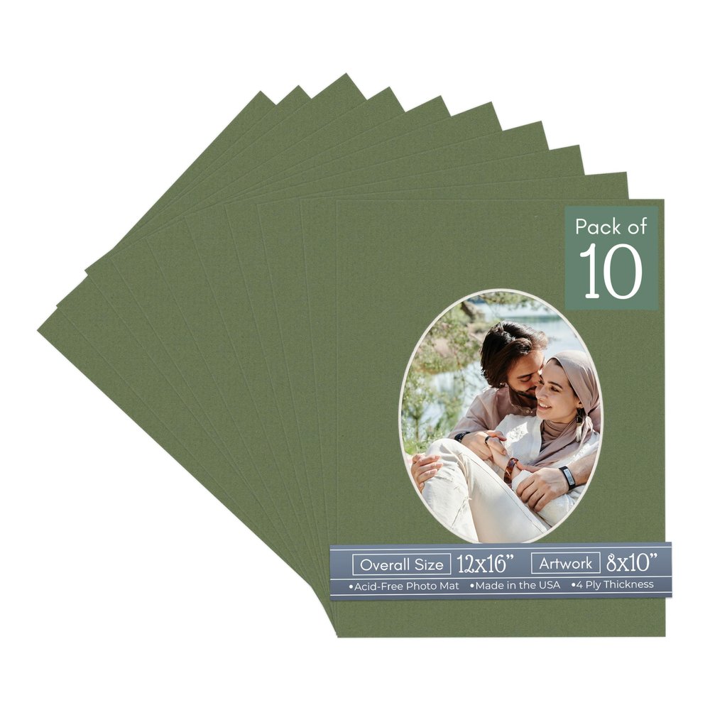 CountryArtHouse Dill Green Acid Free 12x16 Oval Picture Frame Mat with White Core Bevel Cut for 8x10 Pictures - Fits 12x16 Frame - Pack of 10 Matboards
