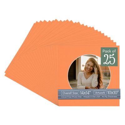 Orange Acid Free 14x14 Circle Picture Frame Mat with White Core Bevel Cut for 10x10 Pictures - Fits 14x14 Frame - Pack of 25 Matboard Show Kits with Acid Free Backings & Clear Bags