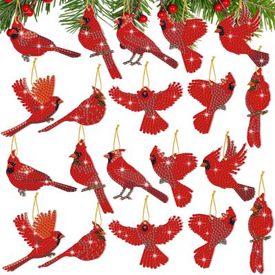 Skylety 20 Pcs Cardinal Bird Diamond Art Ornaments Diamond Painting Kit for Adult 5d DIY Gift Wrap Tags with Rope Winter Hanging Ornaments for Home Craft Party Decor