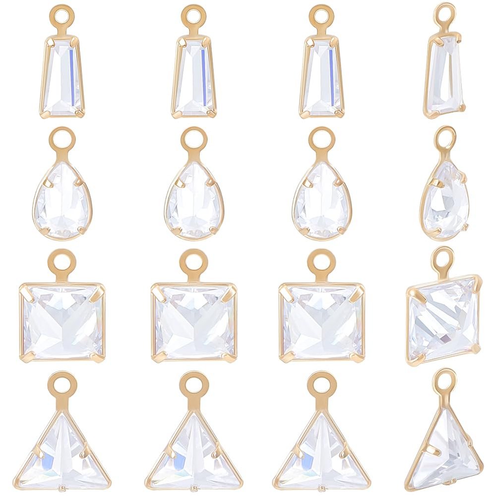 Beebeecraft 1 Box 56Pcs 4 Style Brass Cubic Zirconia Charms Geometric Sets Triangle Trapezoid Teardrop Square Pendants Golden for DIY Jewellery Earrings Necklaces Making