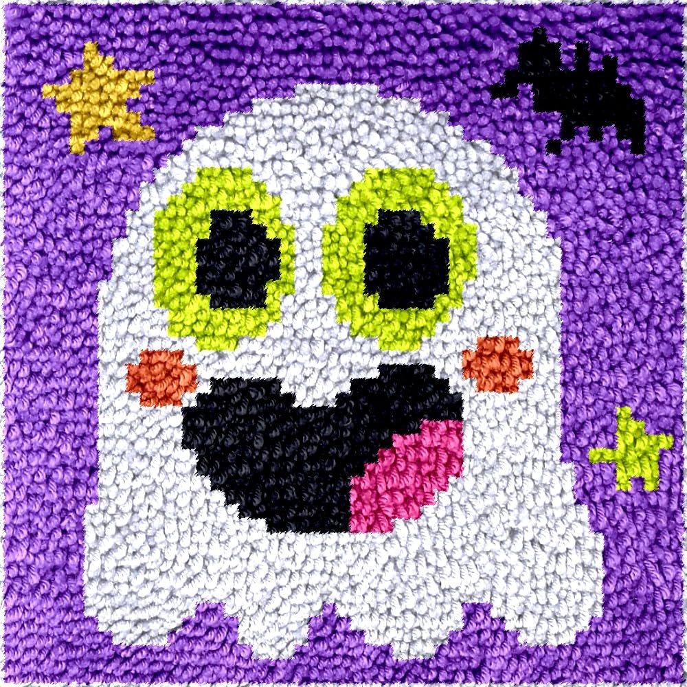 DL-YTG Latch Hook Kits Rug Ghost Crochet Yarn Cushion Colour Pre-Printed Canvas Cover Rug Needlework DIY Hook and Latch Kit Christmas Home Decoration 30x30cm/12 X12in