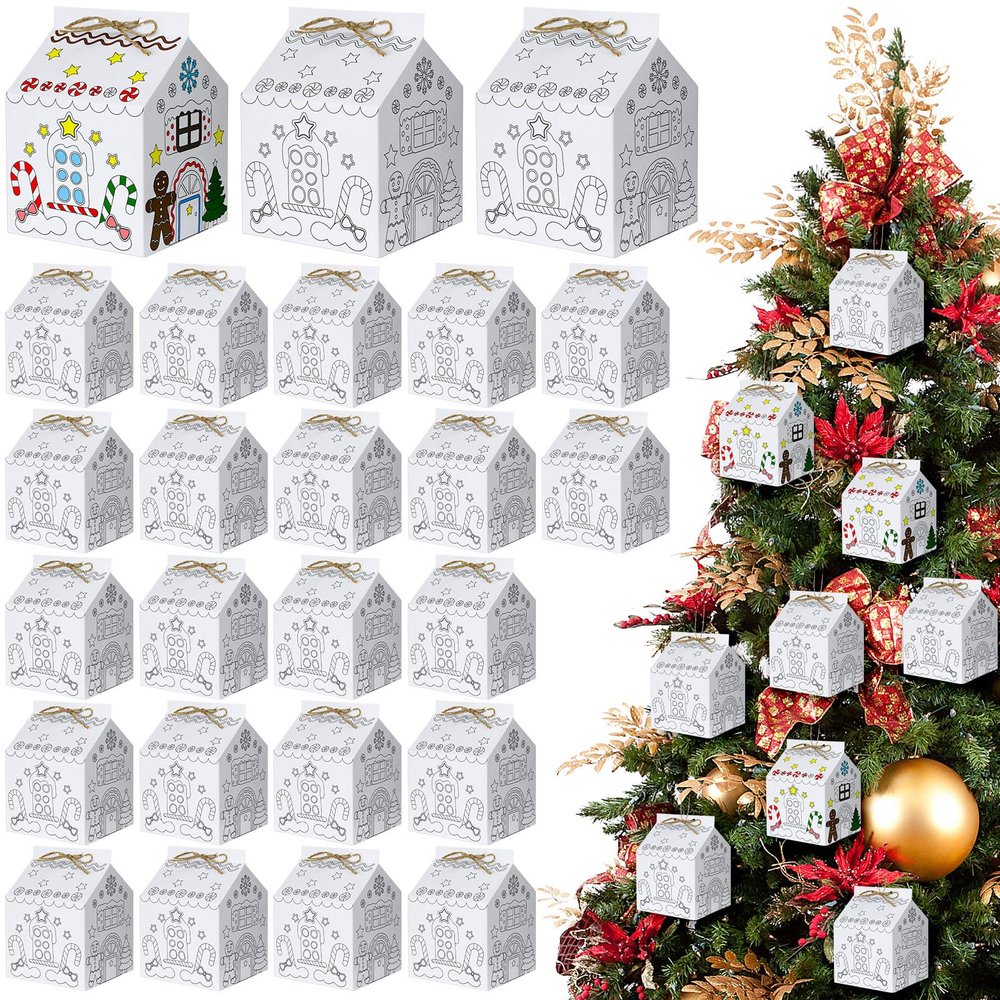 Zhanmai 24 Sets Christmas Gingerbread House Kit DIY Gingerbread House Kit Christmas Craft Kit for Boy Girl Kids Holiday Fun Game Party Decorating Playtime, 5.3 x 4.3 x 4.3 Inch (White)