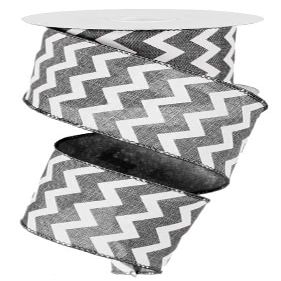 Chevron Canvas Wired Ribbon : Grey Gray White - 2.5 Inches x 50 Yards (150 Feet)