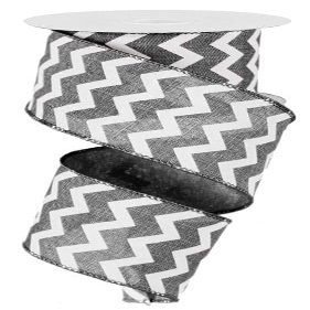 Chevron Canvas Wired Ribbon : Grey Gray White - 2.5 Inches x 50 Yards (150 Feet)