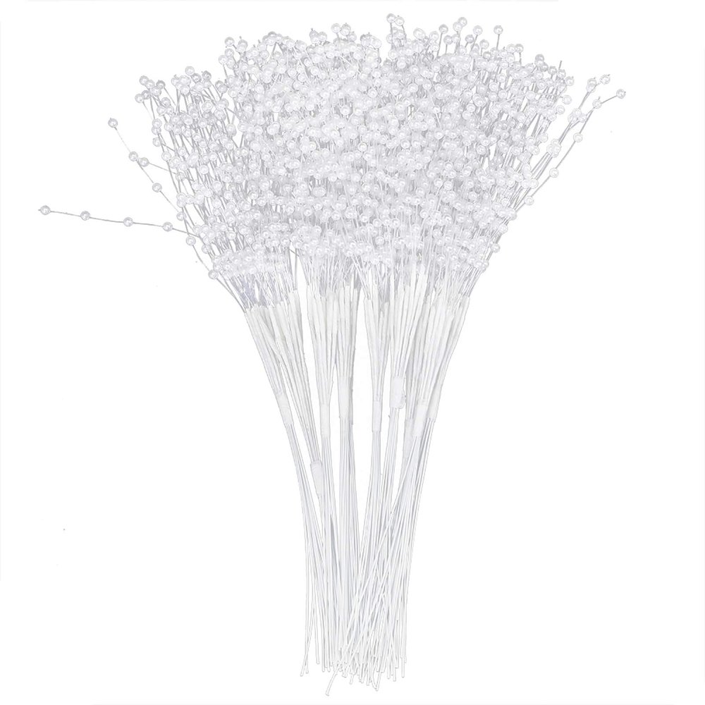 100Pcs String Pearls Sticks, Artificial Pearls String Beads for Wedding Bridal Bouquet Pearls Sticks Beading on Wire Stems for DIY Garland Bridal Wedding Pearl Bouquet Accessories for Wedding(White)