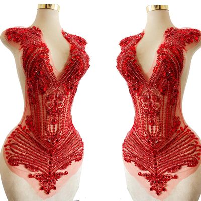 100% Handmade Rhinestones Applique on White net sew on Beads Crystal Patches Accessory for Dress Clothes (Red 2)