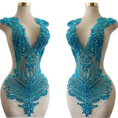 100% Handmade Rhinestones Applique on White net sew on Beads Crystal Patches Accessory for Dress Clothes (Sky Blue)