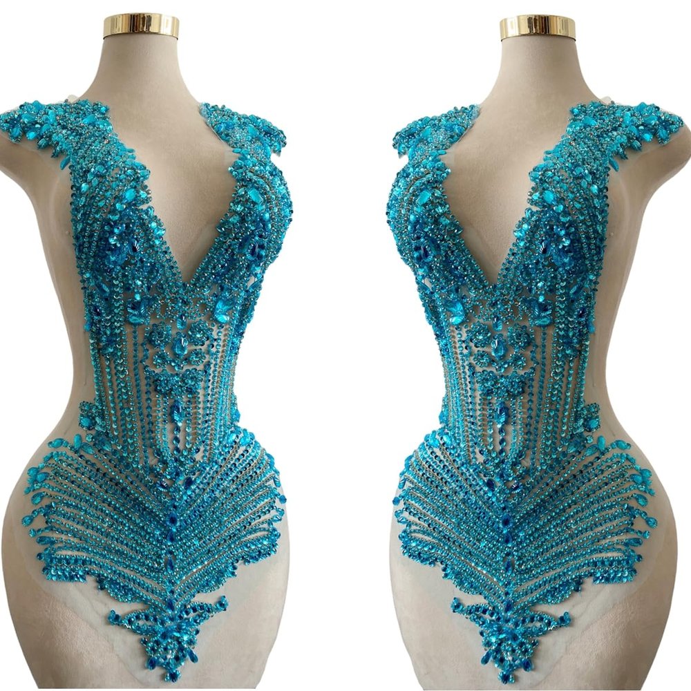 100% Handmade Rhinestones Applique on White net sew on Beads Crystal Patches Accessory for Dress Clothes (Sky Blue)