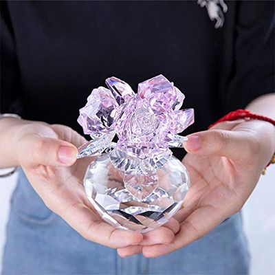 Crystal Rose Bouquet Flowers Figurines Ornament with Gift Box Wedding Decoration Paperweight Love Present (Color : Pink)