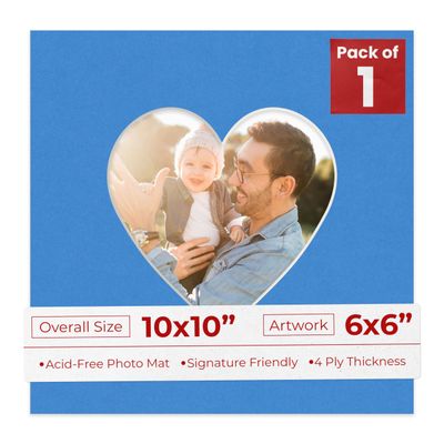 10x10 Mat Bevel Cut for 6x6 Photos - Precut Bay Blue Heart Shaped Photo Mat Board Opening - Acid Free Matte to Protect Your Pictures - Bevel Cut for Family Photos, Pack of 1 Matboard Show Kit With