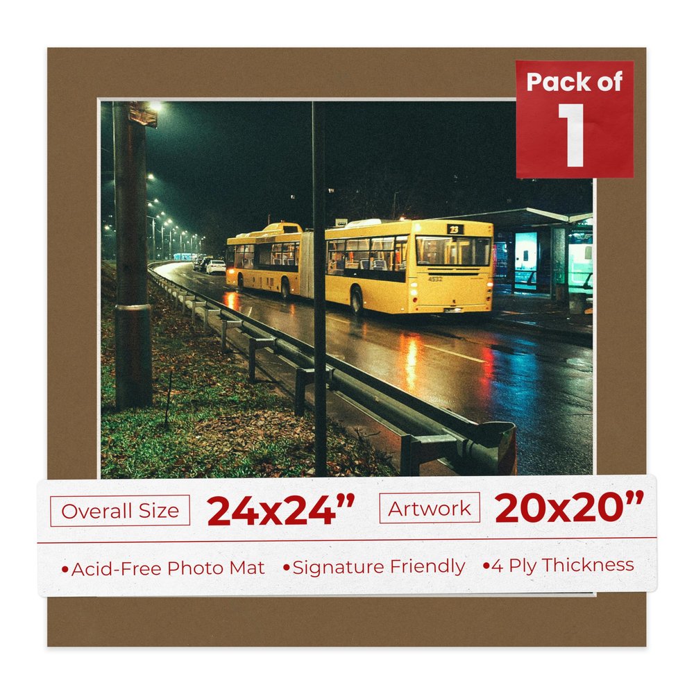24x24 Mat Bevel Cut for 20x20 Photos - Precut Aged Oak Brown Square Shaped Photo Mat Board Opening - Acid Free Matte to Protect Your Pictures - Bevel Cut for Family Photos, Pack of 1 Matboard Show Kit