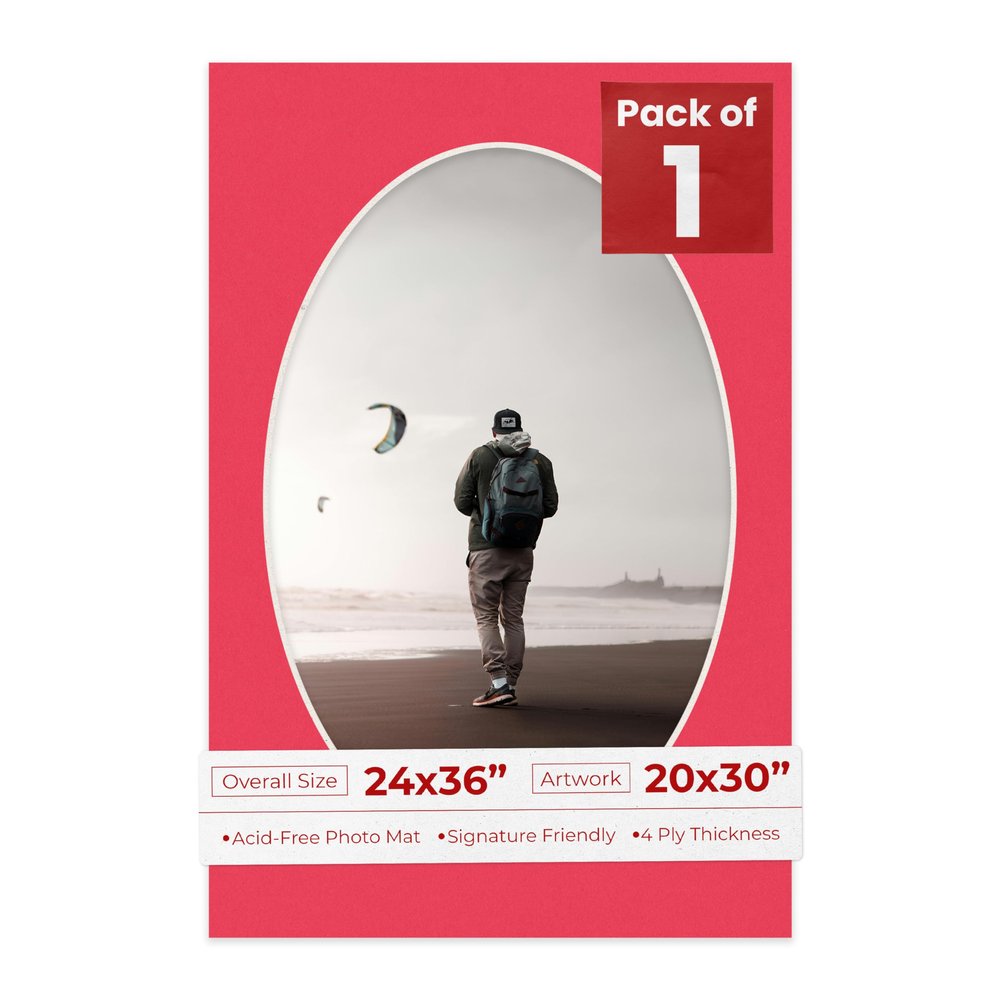 24x36 Mat Bevel Cut for 20x30 Photos - Precut Cardinal Red Oval Shaped Photo Mat Board Opening - Acid Free Matte to Protect Your Pictures - Bevel Cut for Family Photos, Pack of 1 Matboard Show Kit