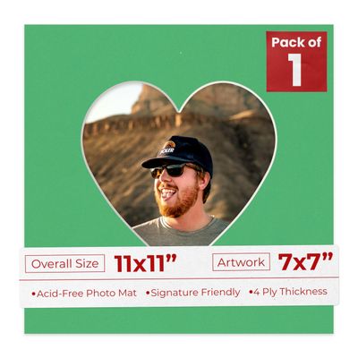 11x11 Mat Bevel Cut for 7x7 Photos - Precut Bright Green Heart Shaped Photo Mat Board Opening - Acid Free Matte to Protect Your Pictures - Bevel Cut for Family Photos, Pack of 1 Matboard Show Kit With