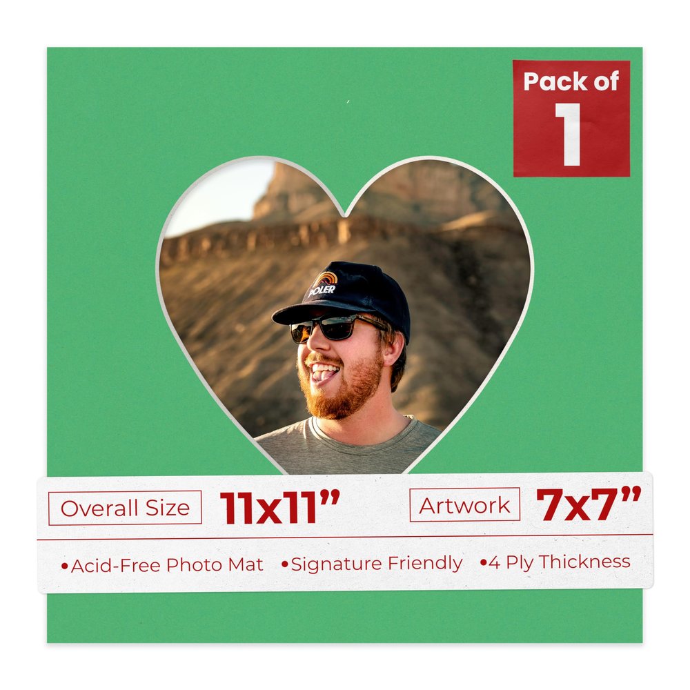 11x11 Mat Bevel Cut for 7x7 Photos - Precut Bright Green Heart Shaped Photo Mat Board Opening - Acid Free Matte to Protect Your Pictures - Bevel Cut for Family Photos, Pack of 1 Matboard Show Kit With