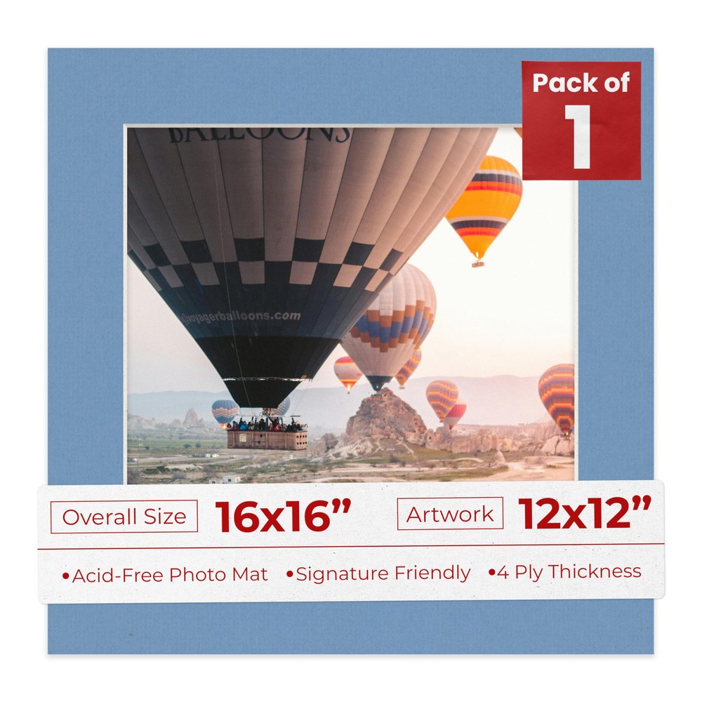 16x16 Mat Bevel Cut for 12x12 Photos - Precut Brittany Blue Square Shaped Photo Mat Board Opening - Acid Free Matte to Protect Your Pictures - Bevel Cut for Family Photos, Pack of 1 Matboard Show Kit
