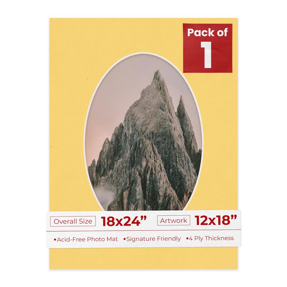 18x24 Mat Bevel Cut for 12x18 Photos - Precut Chamois Yellow Oval Shaped Photo Mat Board Opening - Acid Free Matte to Protect Your Pictures - Bevel Cut for Family Photos, Pack of 1 Matboard Show Kit