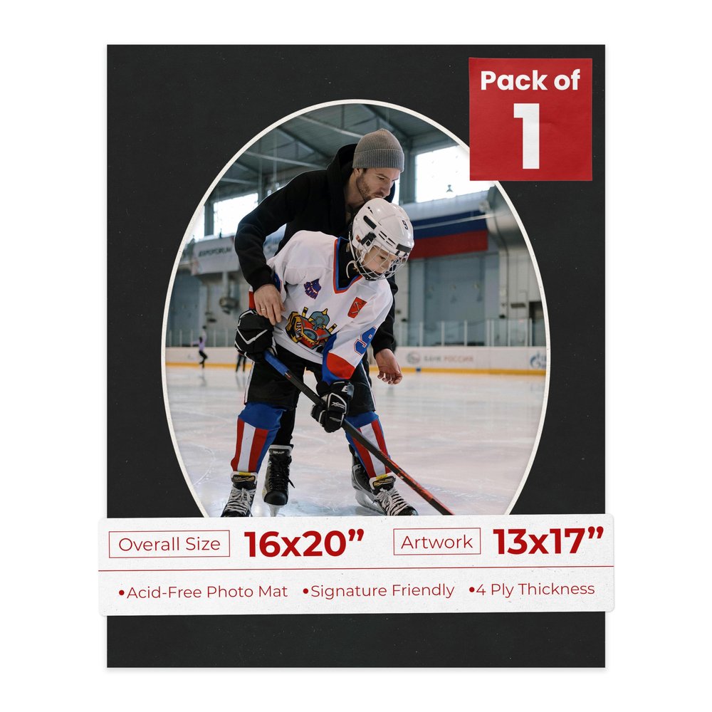16x20 Mat Bevel Cut for 13x17 Photos - Precut Black Suede Oval Shaped Photo Mat Board Opening - Acid Free Matte to Protect Your Pictures - Bevel Cut for Family Photos, Pack of 1 Matboard Show Kit With