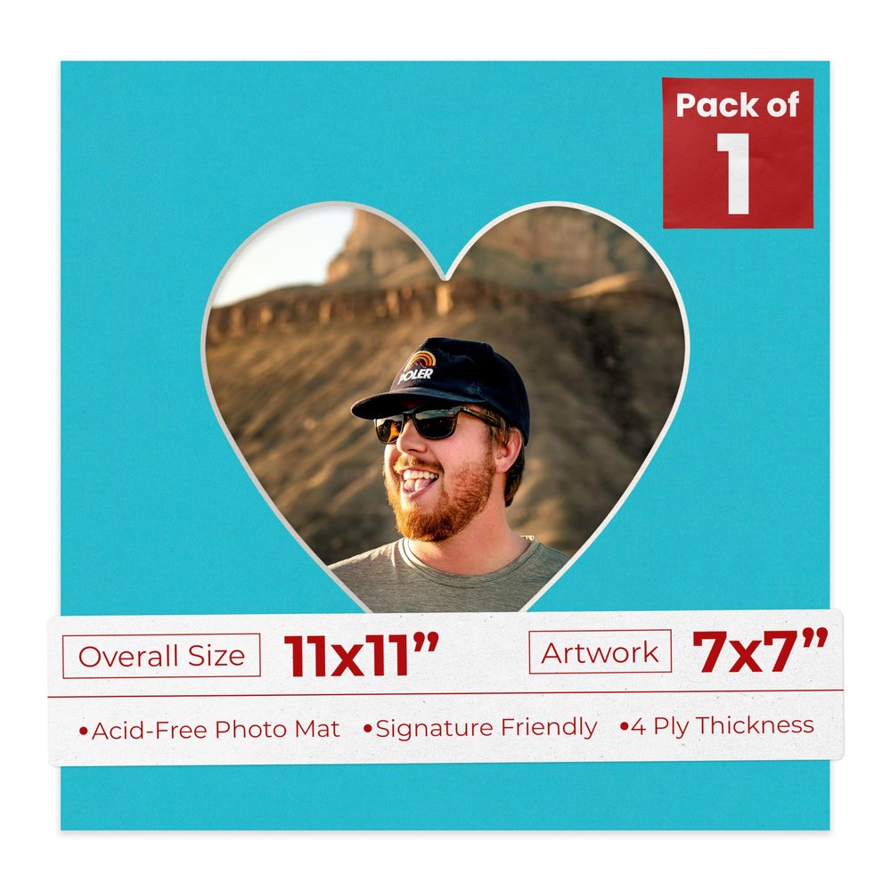 11x11 Mat Bevel Cut for 7x7 Photos - Precut Aquamarine Blue Heart Shaped Photo Mat Board Opening - Acid Free Matte to Protect Your Pictures - Bevel Cut for Family Photos, Pack of 1 Matboard Show Kit