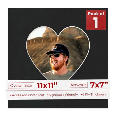 11x11 Mat Bevel Cut for 7x7 Photos - Precut Black Suede Heart Shaped Photo Mat Board Opening - Acid Free Matte to Protect Your Pictures - Bevel Cut for Family Photos, Pack of 1 Matboard Show Kit With