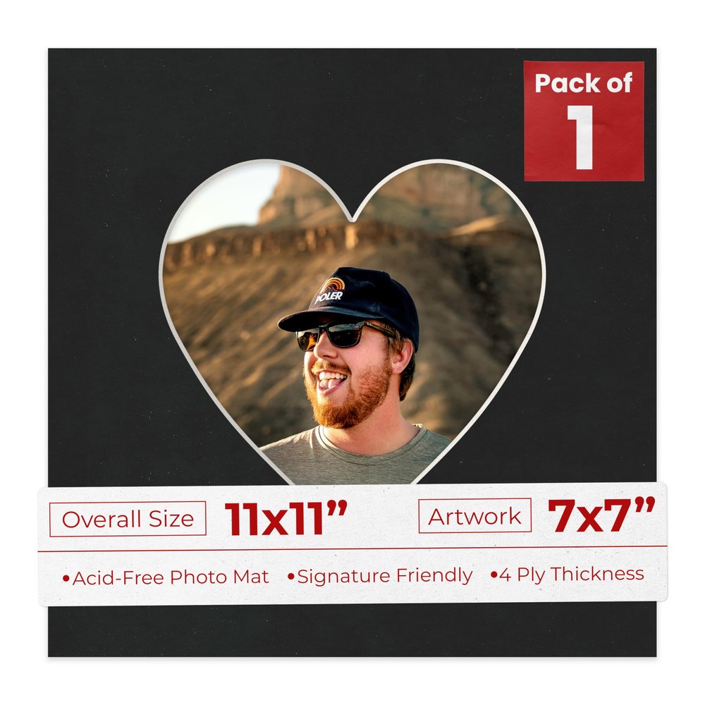 11x11 Mat Bevel Cut for 7x7 Photos - Precut Black Suede Heart Shaped Photo Mat Board Opening - Acid Free Matte to Protect Your Pictures - Bevel Cut for Family Photos, Pack of 1 Matboard Show Kit With