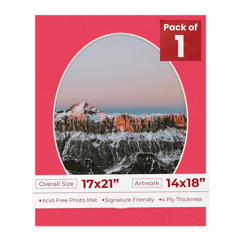 17x21 Mat Bevel Cut for 14x18 Photos - Precut Cardinal Red Oval Shaped Photo Mat Board Opening - Acid Free Matte to Protect Your Pictures - Bevel Cut for Family Photos, Pack of 1 Matboard Show Kit