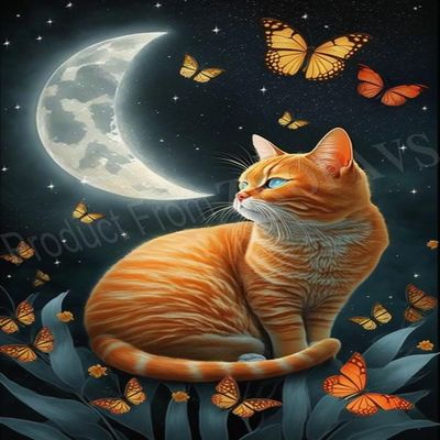 ZKOPAVS Diamond Painting Kits for Adults and Kids Orange Cat and Butterfly Moon Art Paint with Crystal Rhinestone Cross Stitch Round Full Drill Art 12X18 Inch