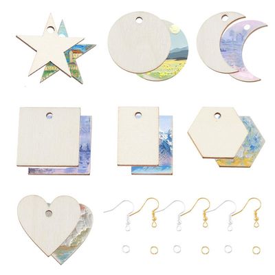 SUNNYCLUE 480Pcs Wood Charms Jump Rings Earrings Making Starter Kit Unfinished Wood Blanks Wooden Blank Charms Earring Hooks Round Pieces Square Heart Moon Star Charms for Jewelry Making Kits Women