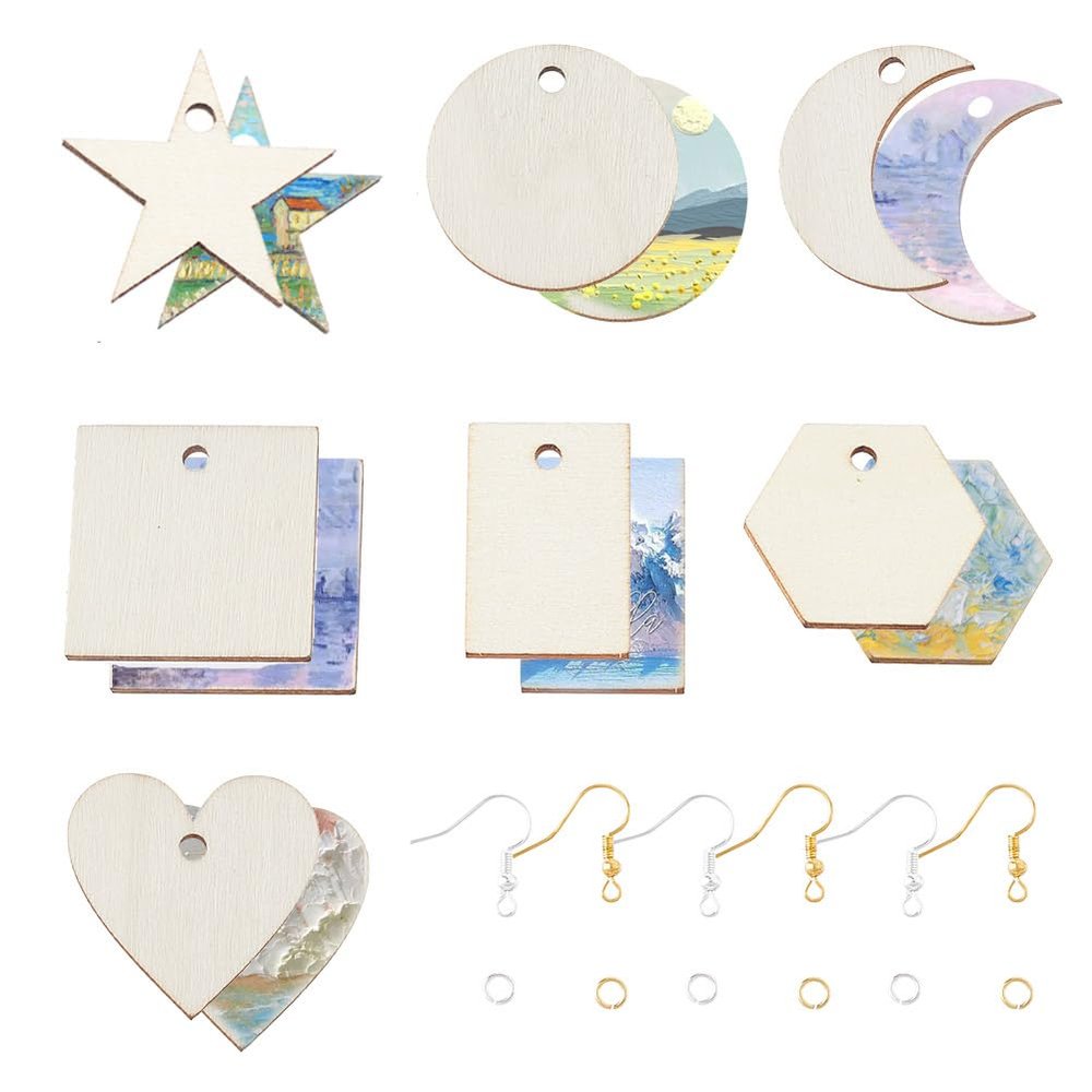 SUNNYCLUE 480Pcs Wood Charms Jump Rings Earrings Making Starter Kit Unfinished Wood Blanks Wooden Blank Charms Earring Hooks Round Pieces Square Heart Moon Star Charms for Jewelry Making Kits Women