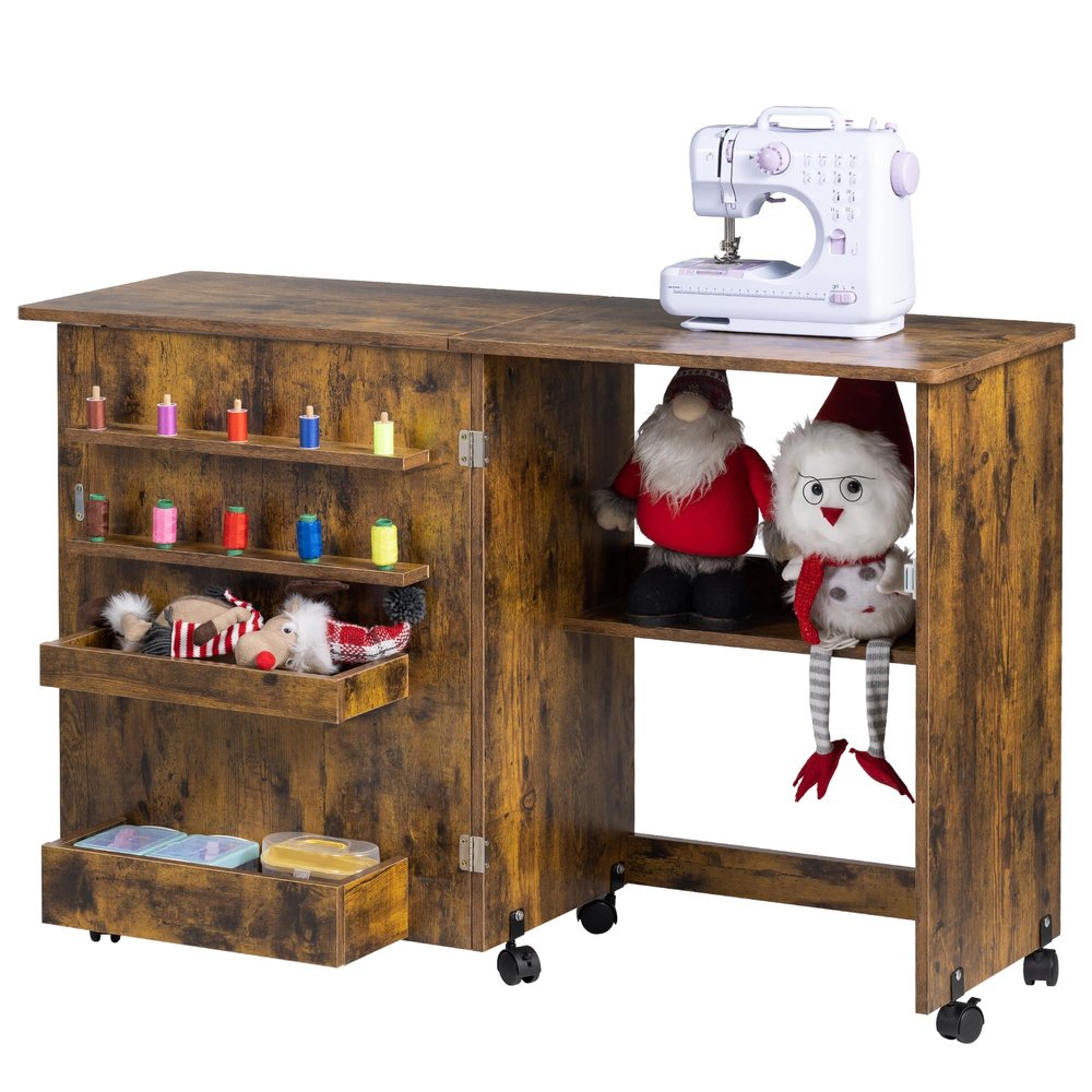 Vividwood Folding Sewing Table, Multipurpose Sewing Machine Table with Compact Design, Wheels, Shelves, Bins, Pegs, Magnetic Locks (Rustic-Brown)