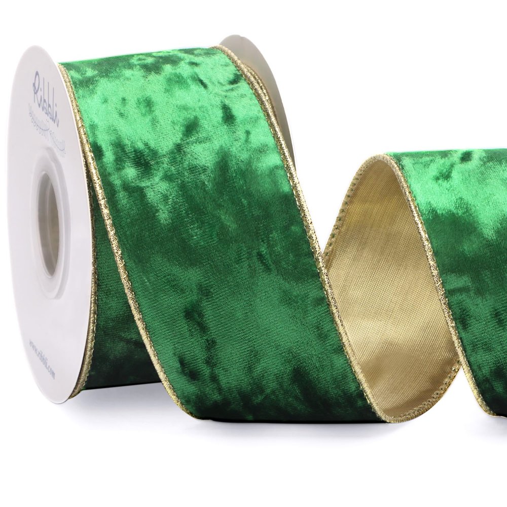 Ribbli Emerald Green Velvet Wired Ribbon 2.5 Inch Metallic Green Crushed Velvet Christmas Ribbon for Gift Wrapping Christmas Tree Decoration Crafts Wreaths Supplies-Continuous 10 Yards