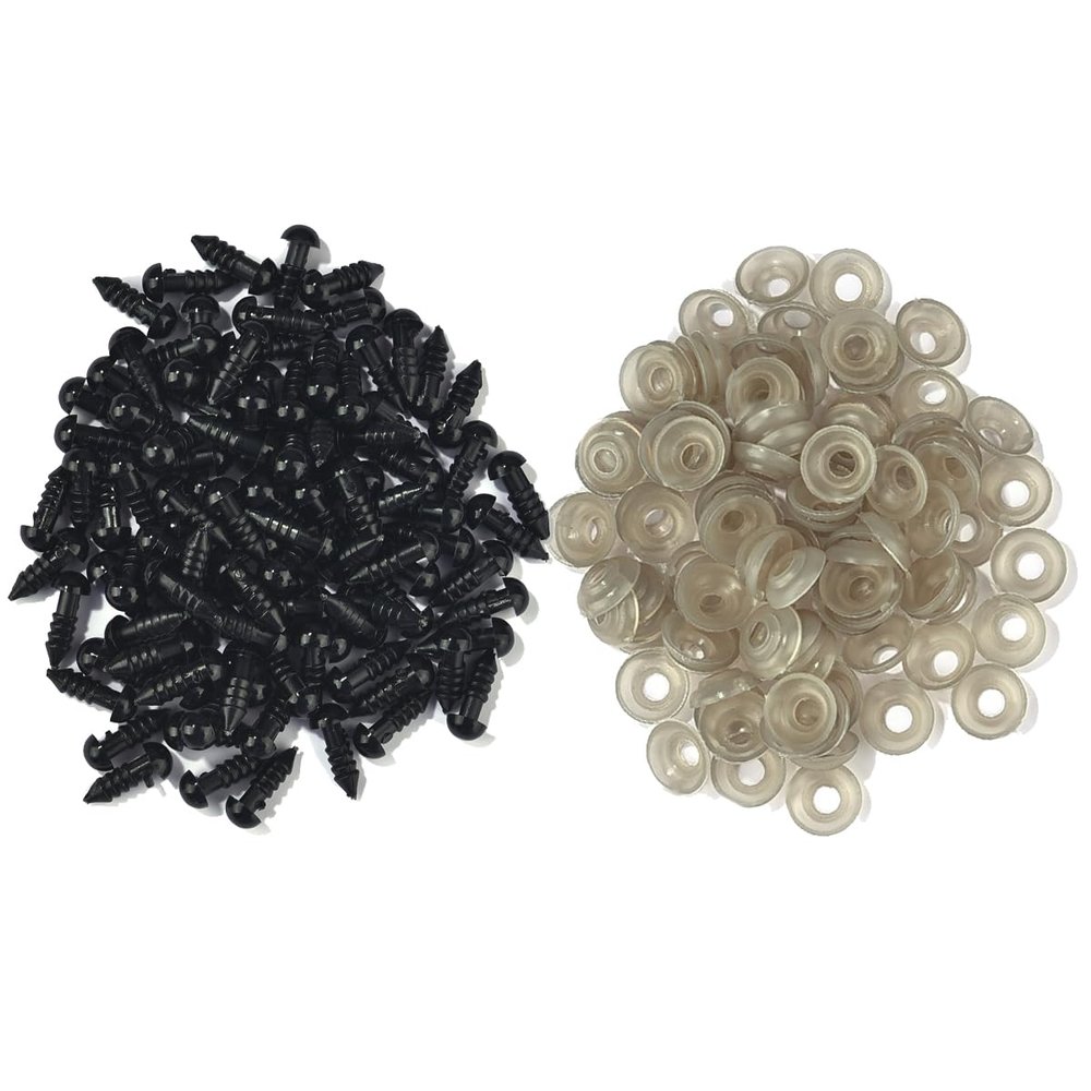 Queenbox 100pcs 6mm Plastic Safety Eyes Screw with Washers, Round Animal Eyeball Amigurumi Craft Making for Crochet Teddy Bear, Black