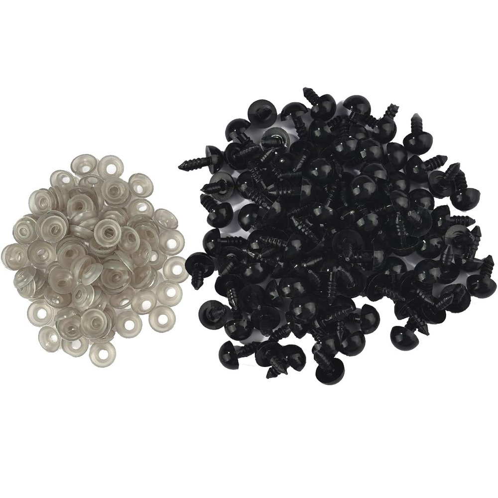 Queenbox 100pcs 10mm Plastic Safety Eyes Screw with Washers, Round Animal Eyeball Amigurumi Craft Making for Crochet Teddy Bear, Black