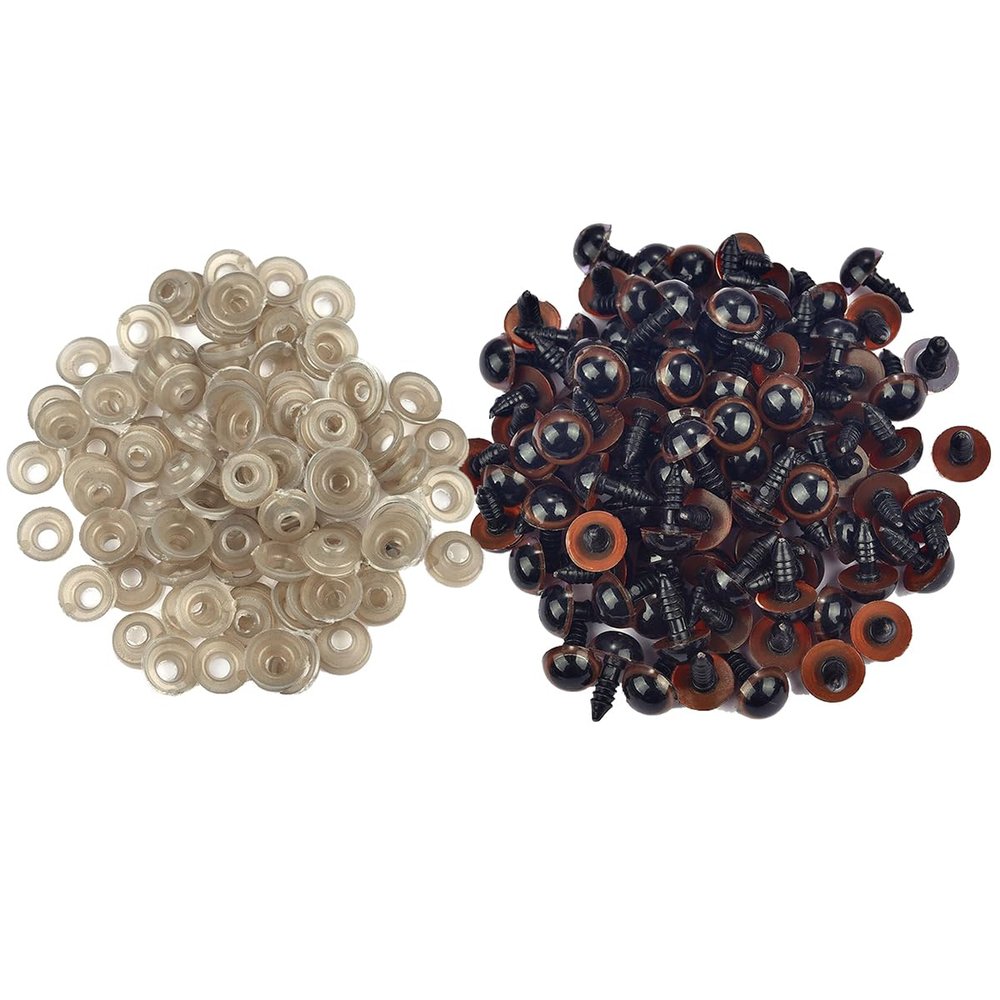 Queenbox 100pcs 12mm Plastic Safety Eyes Screw with Washers, Round Animal Eyeball Amigurumi Craft Making for Crochet Teddy Bear, Brown