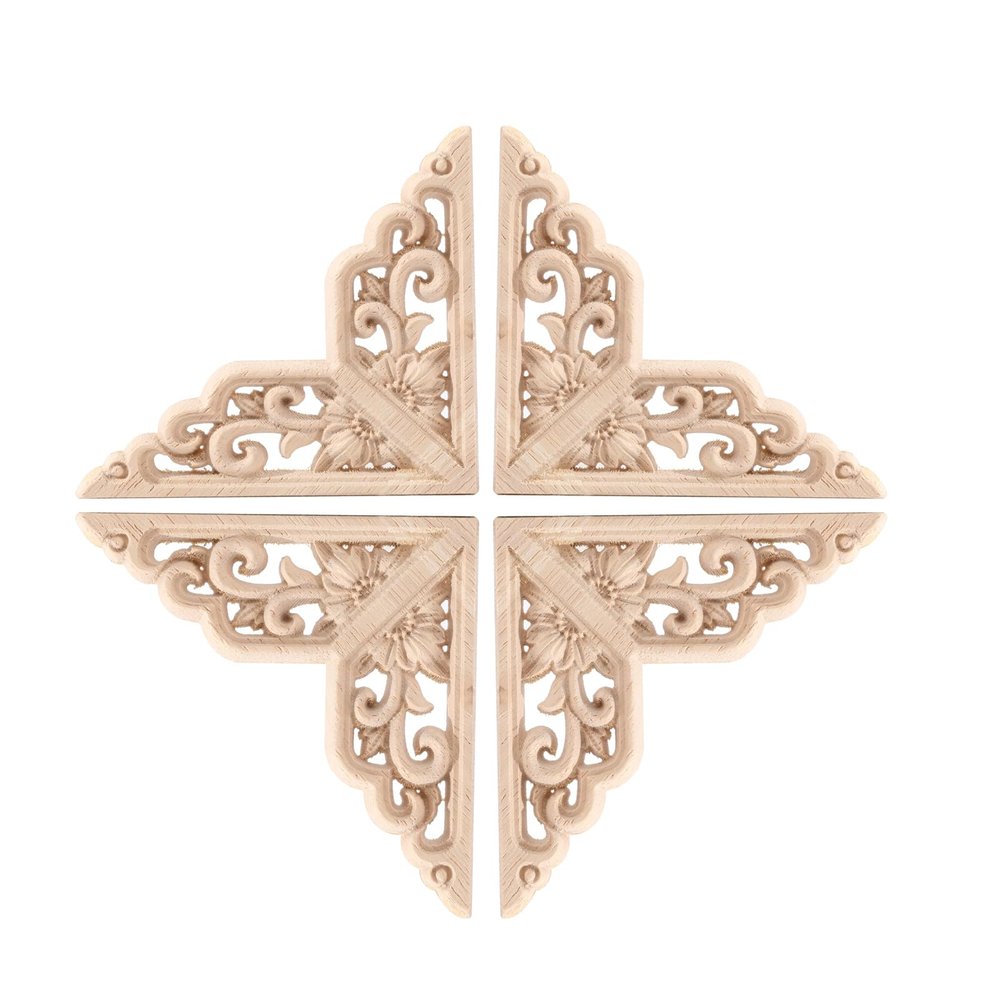 BSYMDH 4PCS Corner Wooden Carving Decal Unpainted Wood Appliques Onlays DIY Wood Carved Furniture Appliques Onlays for Wall Bed Door Wardrobe Cabinet Furniture Decoration(04,20x20cm/7.87x7.87inch)