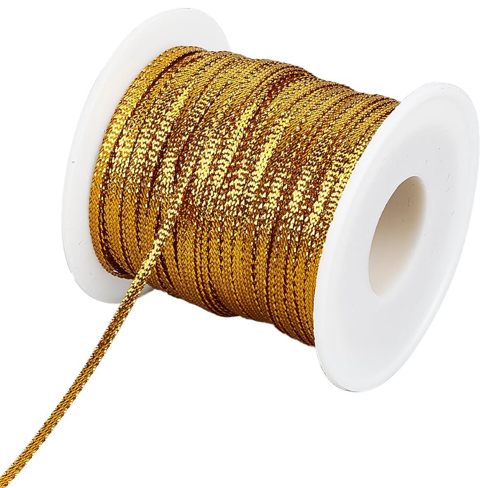 GORGECRAFT 109Yds Gold Metallic Dreadlock String 1/8 Inch Hair Wrap Rope Nylon Braided Ribbon Hiphop Tie Braiding Band String Sparkly Edge Twine Glitter Cord for Craft Hair Extension Sewing