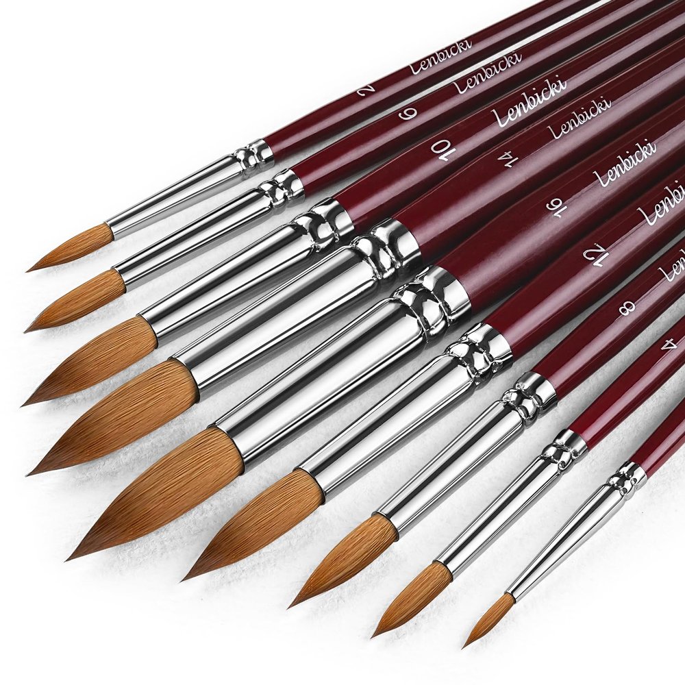 Sable Hair Watercolor Brushes Professional,9pcs Round Detail Watercolor Paint Brush Set,Ideal for Gouache Acrylic Ink Painting