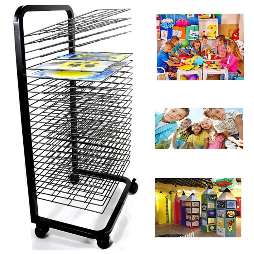 Foldable and Flip Up Art Drying Rack for Classroom, Mobile Paint Drying Rack, Removable Shelves, Canvas Rack Art Storage, Painting Drying RackBlack Powder Coated Finish (Size : 35 Shelves)