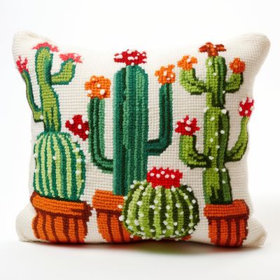 Latch Hook Kits Pillow Green Cactus Printed Canvas Cushion Crochet Yarn Needlework DIY Hook Latch Kit Embroidery Pillowcase Rug Cover Home Sofa Christmas Decoration 43x43cm(2)