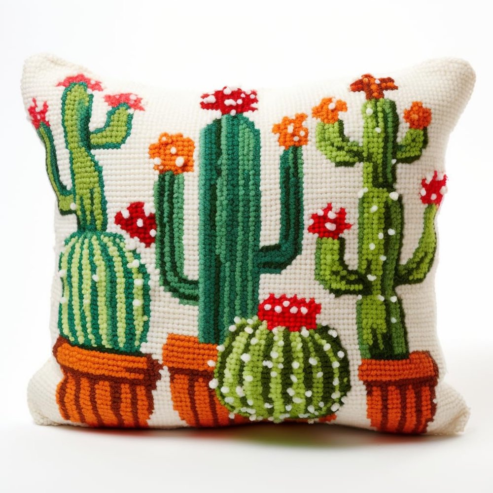 Latch Hook Kits Pillow Green Cactus Printed Canvas Cushion Crochet Yarn Needlework DIY Hook Latch Kit Embroidery Pillowcase Rug Cover Home Sofa Christmas Decoration 43x43cm(2)