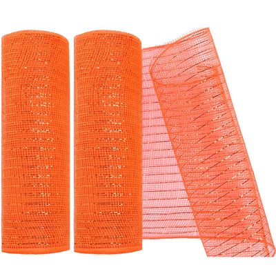 MIKIMIQI 2 Pack Deco Mesh 10 Inch x 30 Feet Decor Mesh Ribbon with Metallic Foil Deco Mesh Wreath Supplies Ribbon Mesh Roll for Spring Wreaths Craft Party, Not Wired (Orange)