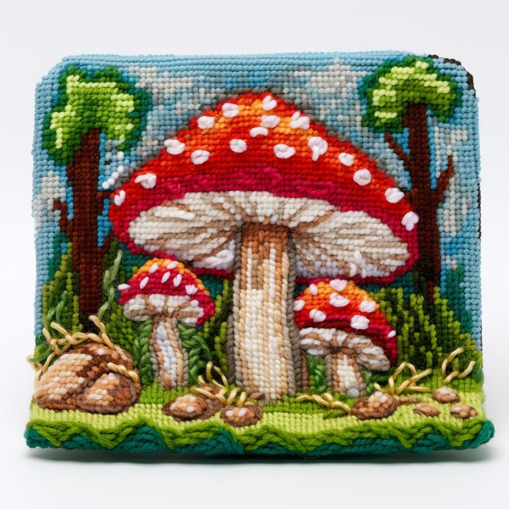 Latch Hook Kits Pillow Cover Red Mushroom Printed Canvas Cushion Crochet Yarn Needlework DIY Hook Latch Kit Embroidery Pillowcase Rug Home Sofa Christmas Decoration 43x43cm(3)