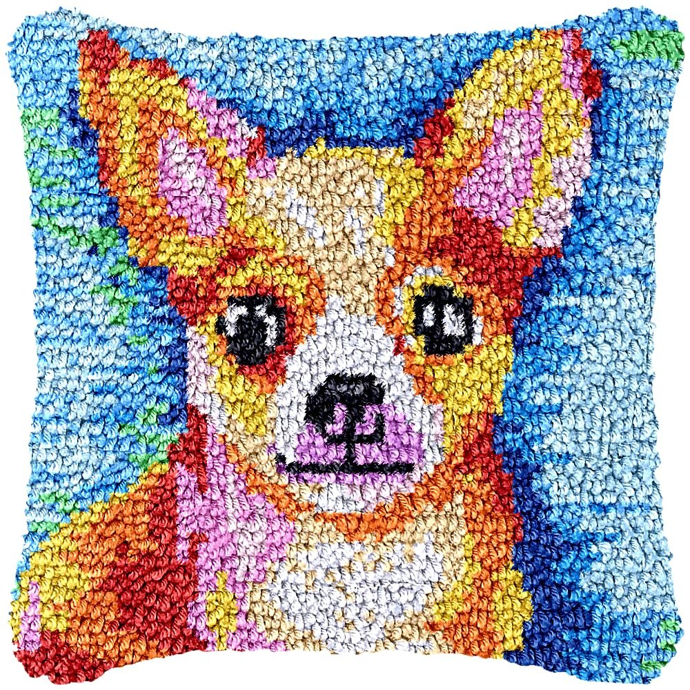 Latch Hook Kits Pillow Cover Cute Chihuahua Dog Printed Canvas Cushion Crochet Yarn Needlework DIY Hook Latch Kit Embroidery Pillowcase Rug Home Sofa Christmas Decoration 43x43cm(2)