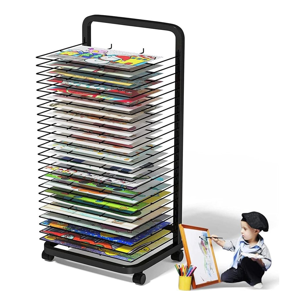 Art Drying Rack - Classroom Paint Drying Rack, Mobile Art Storage Rack, Metal Artwork Storage Display Rack with Wheels for Art Studio and Home Use. Black Powder Coated Finish (Size : 20 Shelves)