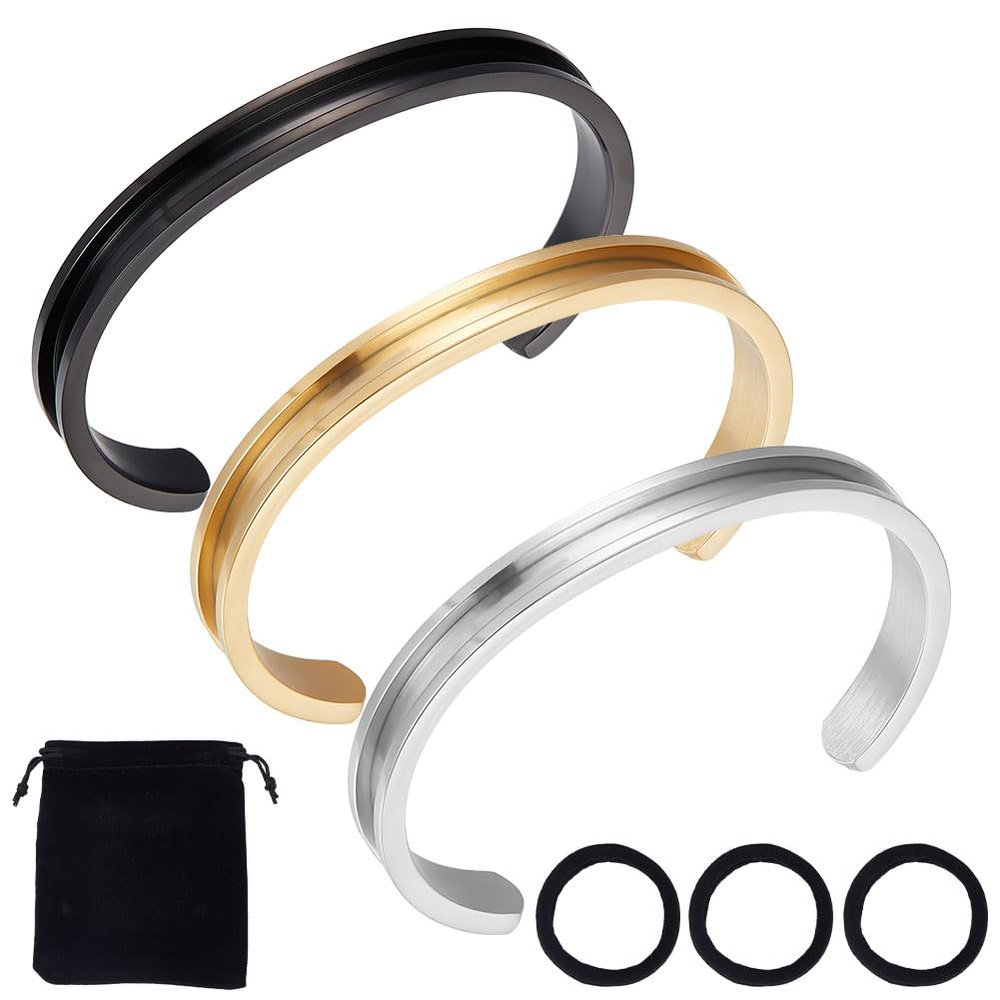 UNICRAFTALE 3pcs 3 Color Hair Tie Bracelet 4mm Inner Stainless Steel Grooved Bangles Open Cuff Bangle Metal Empty Bangles Gemstone Leather Inlay Bracelet with Velvet Pouches for Women s Gift