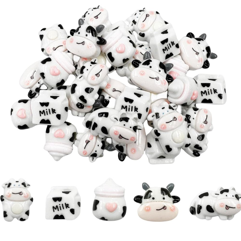 Cow Flatback Resin Beads Charms, 30Pcs Cute Cow Cowhead Boxed Milk Cow Print Feeding Bottle Resin Flatback Charms for DIY Phone Case Scrapbooking Embellishment Crafts Jewelry Making Decor (cow)