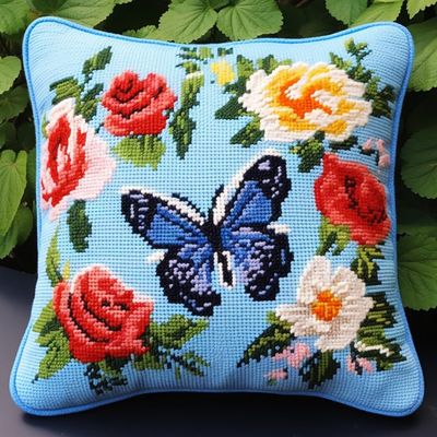 Latch Hook Pillowcase Kits Flowers & Butterfly Latch Hook kit Cushion Throw Pillow Embroidery Craft Kits for Beginner DIY Latch Hook Rug Kit with Printed Canvas Hobby & Craft 43x43cm