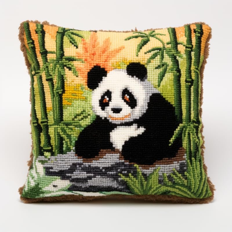 Latch Hook Pillowcase Kits Panda & Bamboo Latch Hook kit Cushion Throw Pillow Embroidery Craft Kits for Beginner DIY Latch Hook Rug Kit with Printed Canvas Hobby & Craft 43x43cm